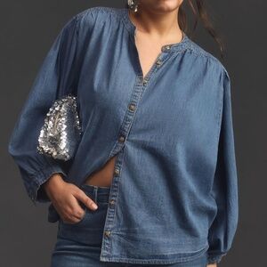 ANTHROPOLOGIE PILCRO "THE SYDNEY" DENIM INDIGO BATWING 100% COTTON BLOUSE